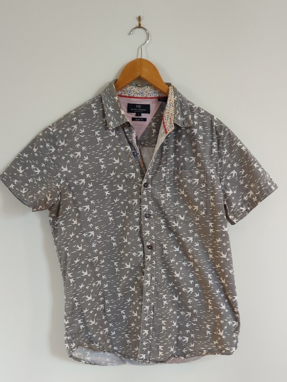 Men's Gray Short-Sleeve Bird Print Shirt